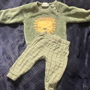 Green Baby Lion Fleece Top & Matching Grid Pants Set
